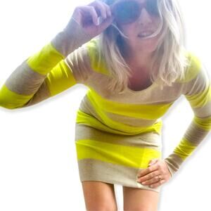 Minnie Rose | RARE Knit Mini Dress Tan & Citron Stripe Size M